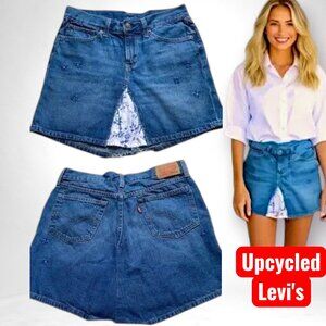 Upcycled Levis Denim Mini Skirt with Floral Insert OOAK Size 27 Small